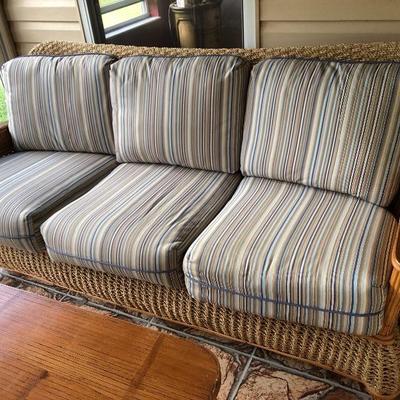 --- Gorgeous woven jute & bamboo w/blue stripe cushions lanai set 	Including: (10% discount on entire set purchase)
	3-cushion sofa (76