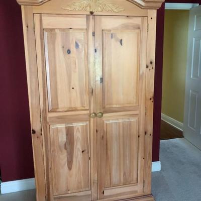 Broyhill light pine double-door armoire w/3 drawers, 6 cubbies, shelf, mirror - (44