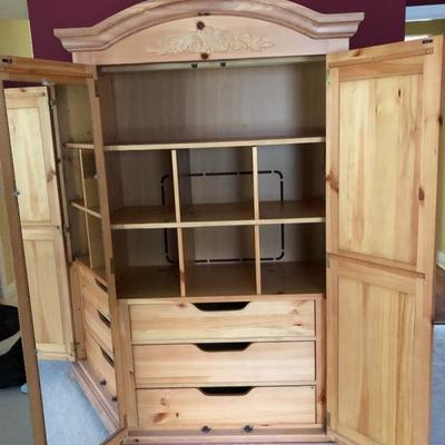 Broyhill light pine double-door armoire w/3 drawers, 6 cubbies, shelf, mirror - (44