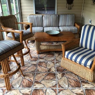 --- Gorgeous woven jute & bamboo w/blue stripe cushions lanai set 	Including: (10% discount on entire set purchase)
	3-cushion sofa (76