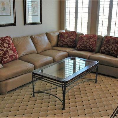 Quality Top Grain Leather sectional sofa by Leathercraft, Inc.  Tan color.  10 ft long  x  8 ft wide x  38