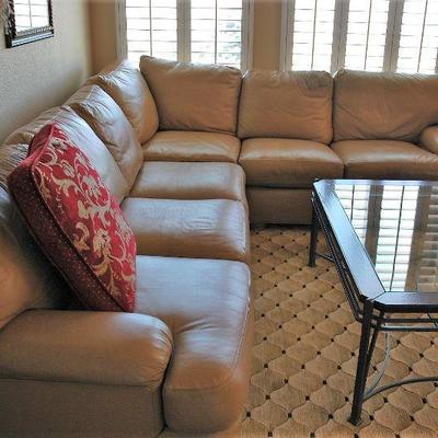 Quality Top Grain Leather sectional sofa by Leathercraft, Inc.  Tan color.  10 ft long  x  8 ft wide x  38