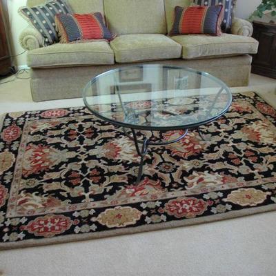 Jaipur Hand Tufted wool rug ~ 5 x 8 ft  ~  Arhaus Glass top iron base coffee table