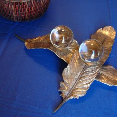 Heavy brass finish leaves with clear gazing balls