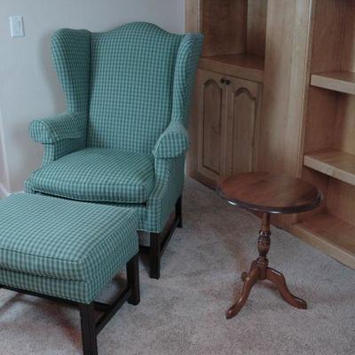 Ethan Allen Wing Chair Green & white plaid/check (not teal).  Matching ottoman.  46