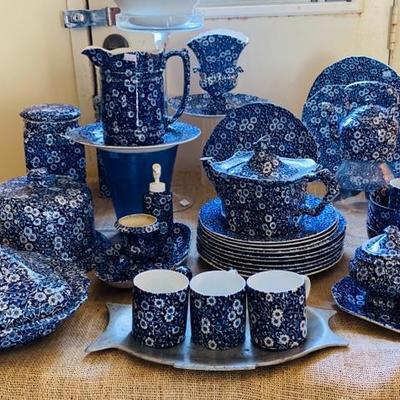 English Staffordshire Blue Calico dinnerware and unusual serving pieces