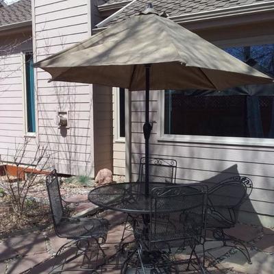Wrought Iron Patio Set with Umbrella and Stand