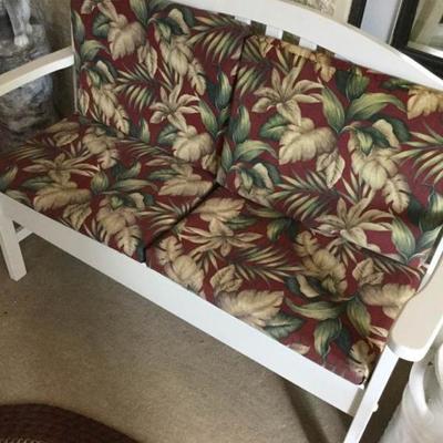 White Bench with Floral Print Cushions