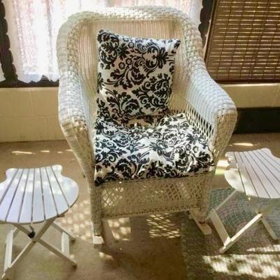 White Wicker Rocker and Shell Side Tables