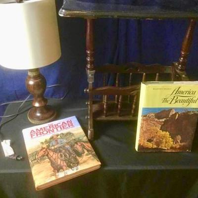 End Table and Magazine Rack, Lamp with Shade and 2 Hardback Coffee Table Books