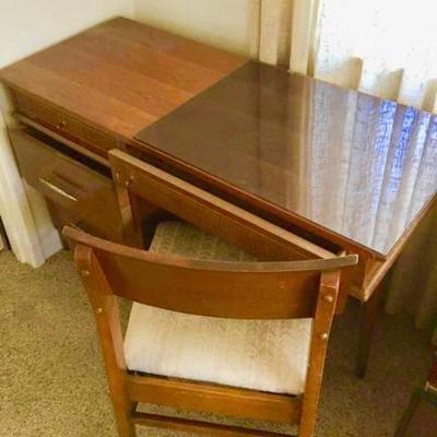 Vintage Office Desk with Wicker Accents and Chair