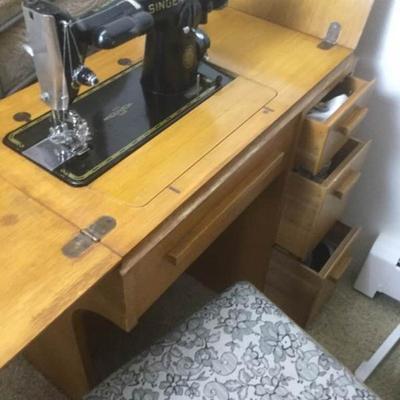 Vintage Singer Sewing Machine with Table and Chair