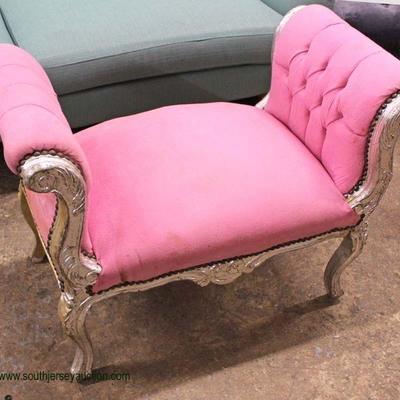  French Style Pink Upholstered Button Tufted Sides Painted Silver Carved Frame End of the Bed Bench

Located Inside â€“ Auction Estimate...