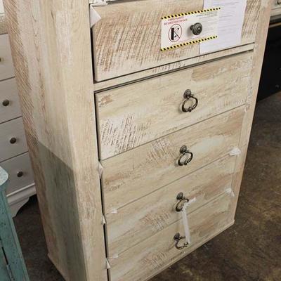 NEW Contemporary White Washed 5 Drawer High Chest â€“ Located Inside â€“ Auction Estimate $100-$300 