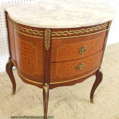 NTIQUE Marble Top French Mahogany Inlaid and Banded 2 Drawer Commode with Applied Bronze

Located Inside â€“ Auction Estimate $200-$400 