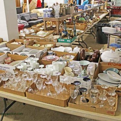 HUGE selection of collectibles, designer, decorator, glassware, porcelain, cast iron, wood, antique, vintage, new, tables loaded with box...