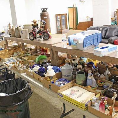 HUGE selection of collectibles, designer, decorator, glassware, porcelain, cast iron, wood, antique, vintage, new, tables loaded with box...