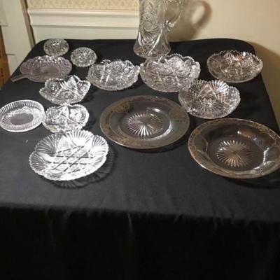 Glass Bowls, 9 Pitcher, and Pair of Votive Holders