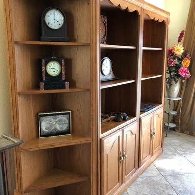 Four-section oak finish display shelves, sold separately or together - $495 (Includes 2 end/corner 5-shelf units - $55 EA, 2 wall units...