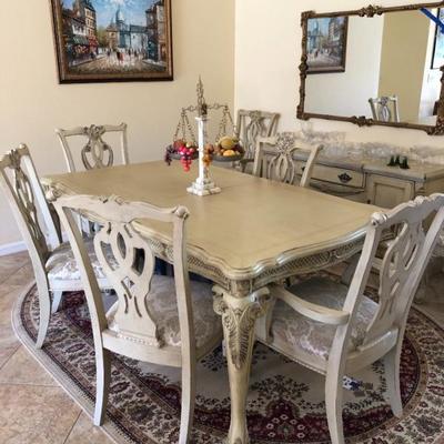 Stunning gray/white distressed dining table w/7 chairs - $545