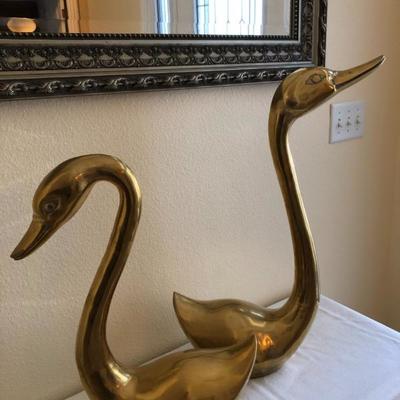 Large pair brass swans