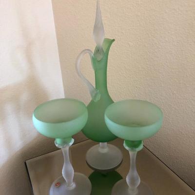 Vintage frosted green glass bar ware