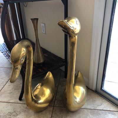 Large pair brass swans