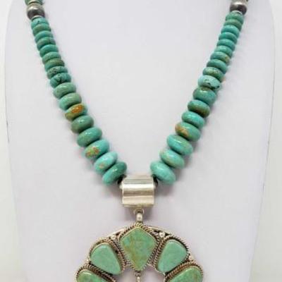 
#507: Mary Ann Spencer Sterling Silver and Turquoise Squash Blossom
Necklace measures approx 28