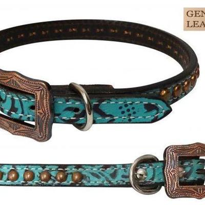 #726: Brand New Genuine Leather Teal Filigree Dog Collar with Copper Studs- Medium
13