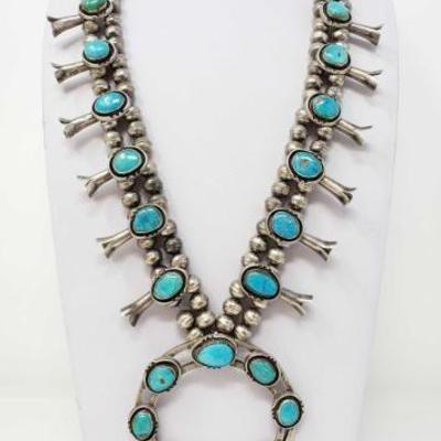 
#506: Vintage Sterling Silver with Authentic Turquoise Stones Squash Blossom
Necklace measures approx 24