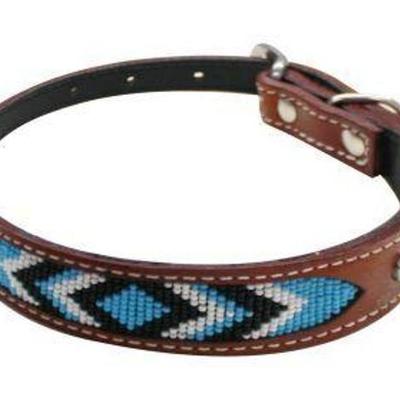 
#733: Genuine Leather Dog Collar with Blue and Black Beaded Inlay- Large
19