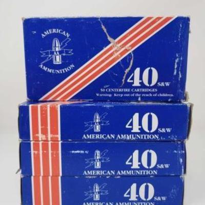 #305: Approx 200 Rounds of American Ammunition 40 S&W
50 rounds in each box, 180gr, jacketed hollow point