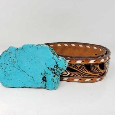 
#590: Vintage Leather Western Belt Leather Belt with Turquoise Slab Buckle
Measures 29