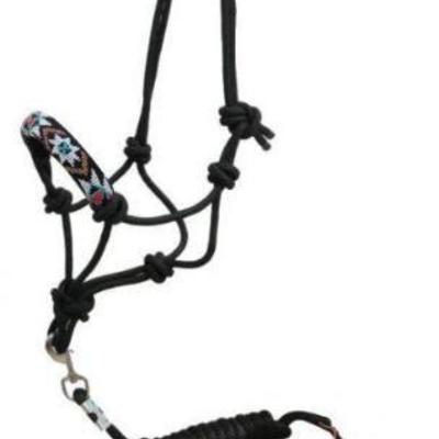 
#751: Beaded nose cowboy knot rope halter with 7' lead.
This rope halter features a beaded cross design on noseband. Removable 7' round...