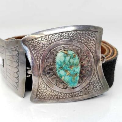 
#581: Belt with Sterling Silver Buckle with Turquoise Stone
Belt with Sterling Silver Buckle with Turquoise Stone