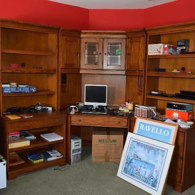 Desk, Shelving Unit, Computer, Office Supplies, 2 Drawer Filing Cabinet, Wall Art, Lamp