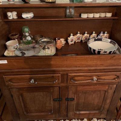 Pine hutch with assorted contents  
