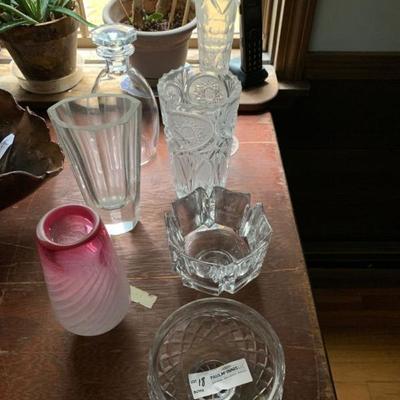 Six crystal pieces and 1 cranberry swirl vase  