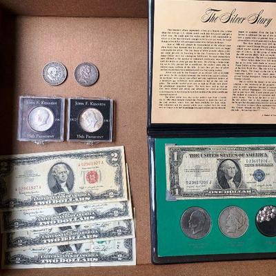 The Silver Story along with (4) $2.00 bills, 2 Kennedy commemorative half dollars, a Centennial of the State of Illinois 1918 half dollar...