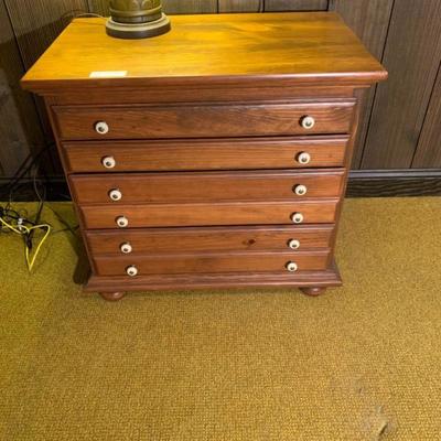 Six-drawer pine fly-tyer cabinet with contents  