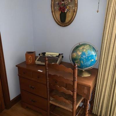 Lot - desk, chair, globe, oval floral picture and a typewriter  