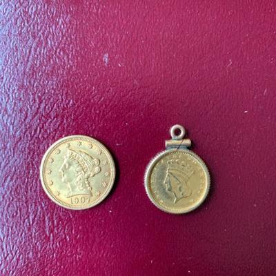 1907 2 1/2 Dollar gold coin along with an 1874 1 Dollar gold coin  