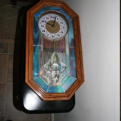 Stain Glass Oak Frame Wall Clock 