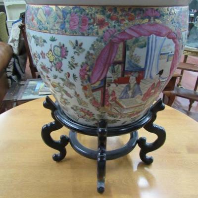 Antique Chinese Floor Bowl on wood stand