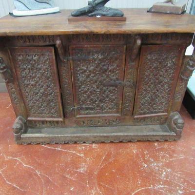 India Teak Carved Early Wedding Chest