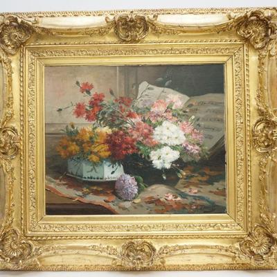Eugene Henri Cauchois (French, 1850-1911) Original Oil on Canvas Still Life of Flowers and Music, on a Draped Table. Signed by the artist...