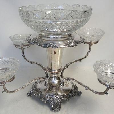 Large Antique English Art Nouveau Silver Plate and Cut Crystal Epergne Centrepiece. Assembled measures 21