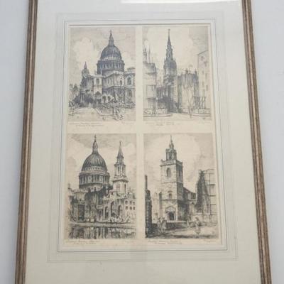Four small Tom Waghorn (1900-1959) Etchings. All in one frame, all of Cathedrals and Churches. Measures 21