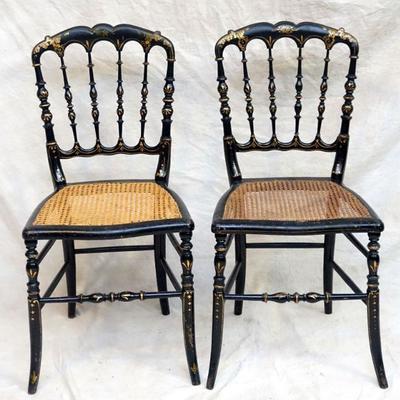 Matched pair of Napoleon III Chiavari side chairs. Nicely distressed through age and use. Replaced cane seats.16.50 x 14.50 x 33.50
