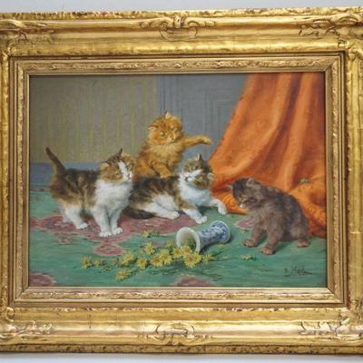 Daniel Merlin (French,1861-1933) Oil on Panel. Four mischievous kittens at play. Signed lower right. In ornate gilt wood frame. In frame...